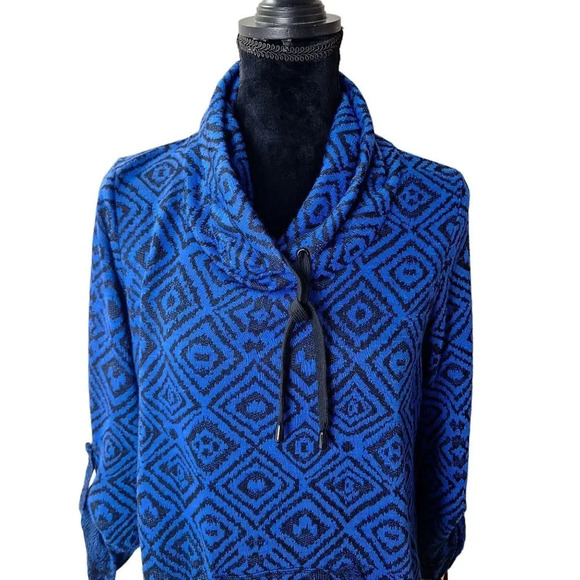 Ruby Rd Petite Med Blue Black Drawstring Cowl Neck Roll-Tab Sweater Top Pocket - Picture 4 of 9